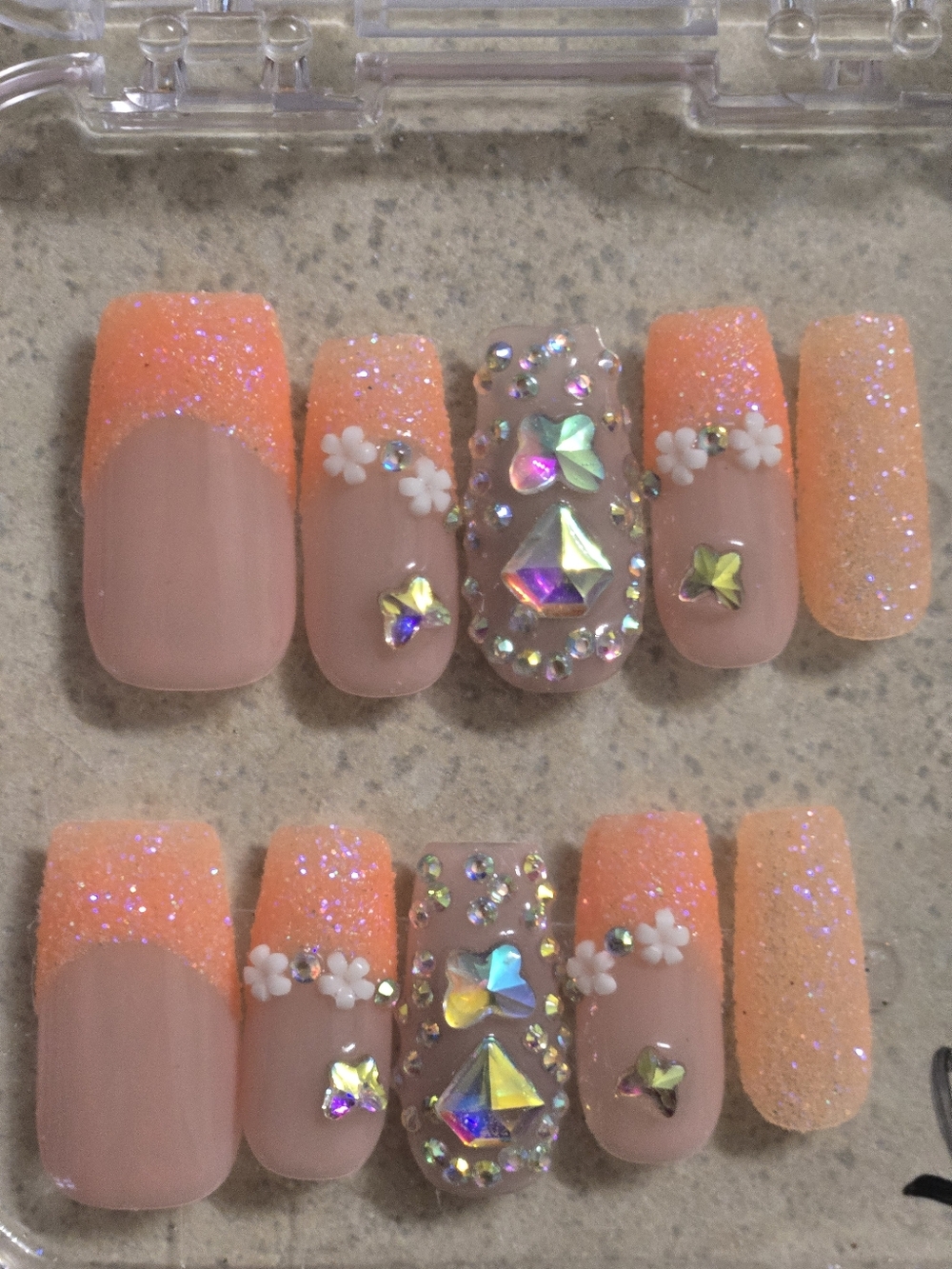 Glitter Peach Ombre Press-On Nails with 3D Gems, Medium Length Square Shape